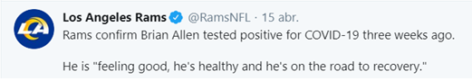 Últimos tweets emitidos por los clubes de los jugadores afectados por el COVID-19. (Foto: Twitter Los Angeles Rams / Denver Broncos)